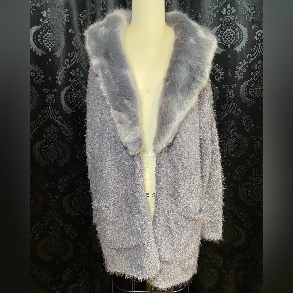 Luxurious Gray Faux Fur Trimmed Sweater